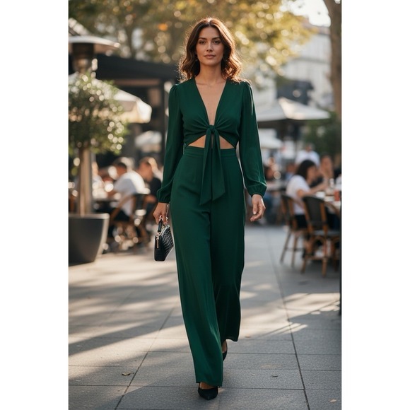 Reformation Pants - Reformation Sz 4 Emerald Green Long Sleeve Tie  Cut Out Front Wide Leg Jumpsuit